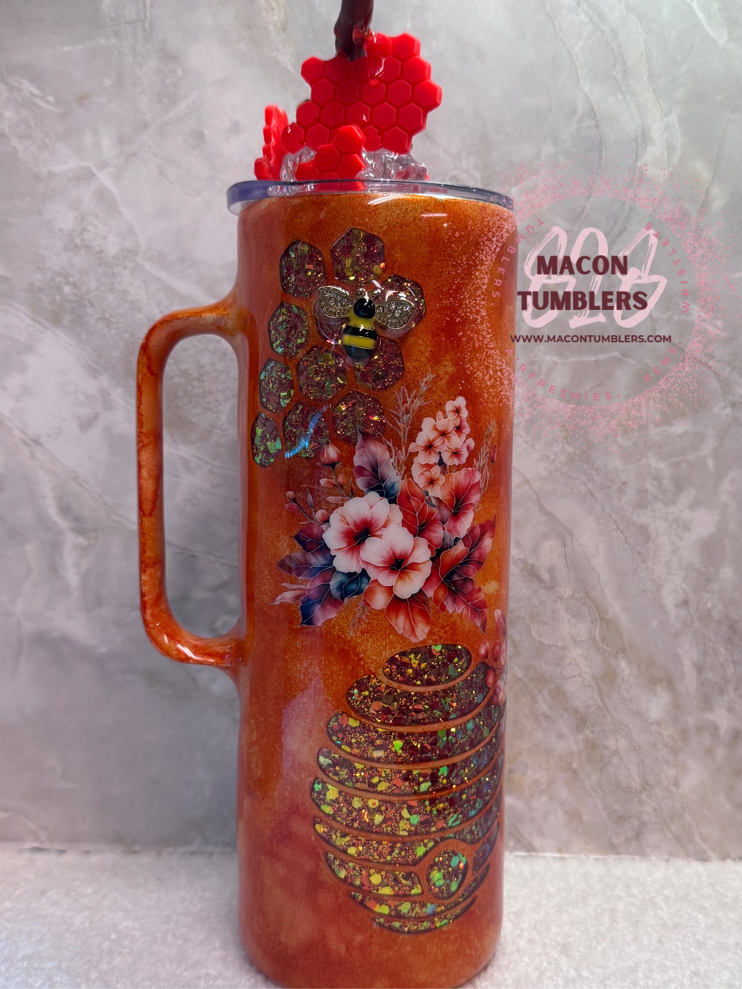 š Honey Bee Floral 20 oz Stainless Steel Tumbler with Straw & Honeycomb Design
