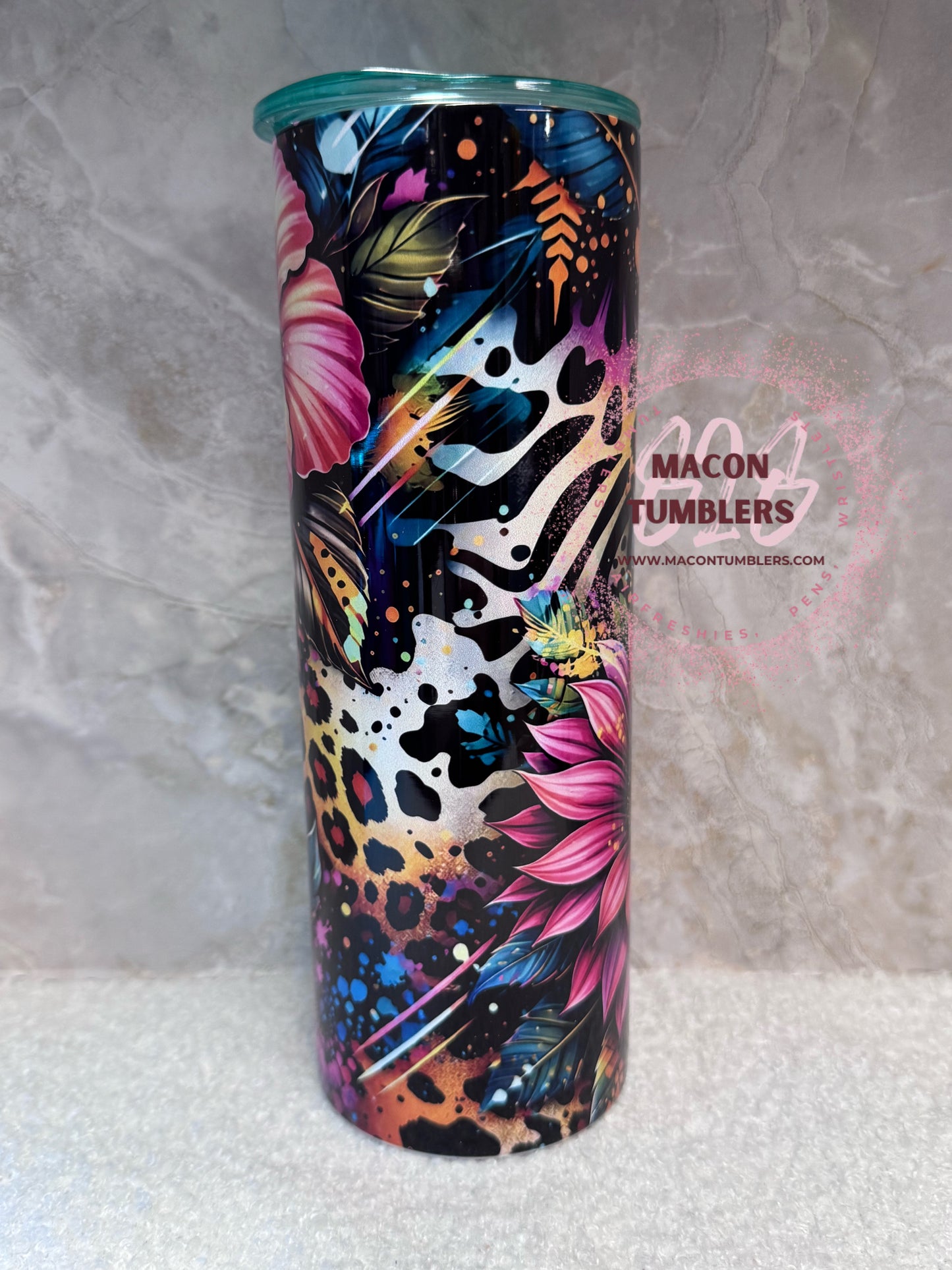 Tropical Hibiscus & Leopard Print 20 oz Skinny Stainless Steel Sublimation Tumbler