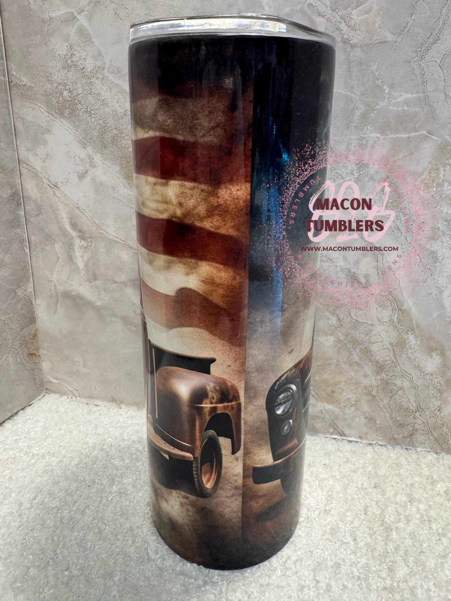 Vintage Truck American Flag 20 oz Sublimation Tumbler | Rustic Patriotic Cup