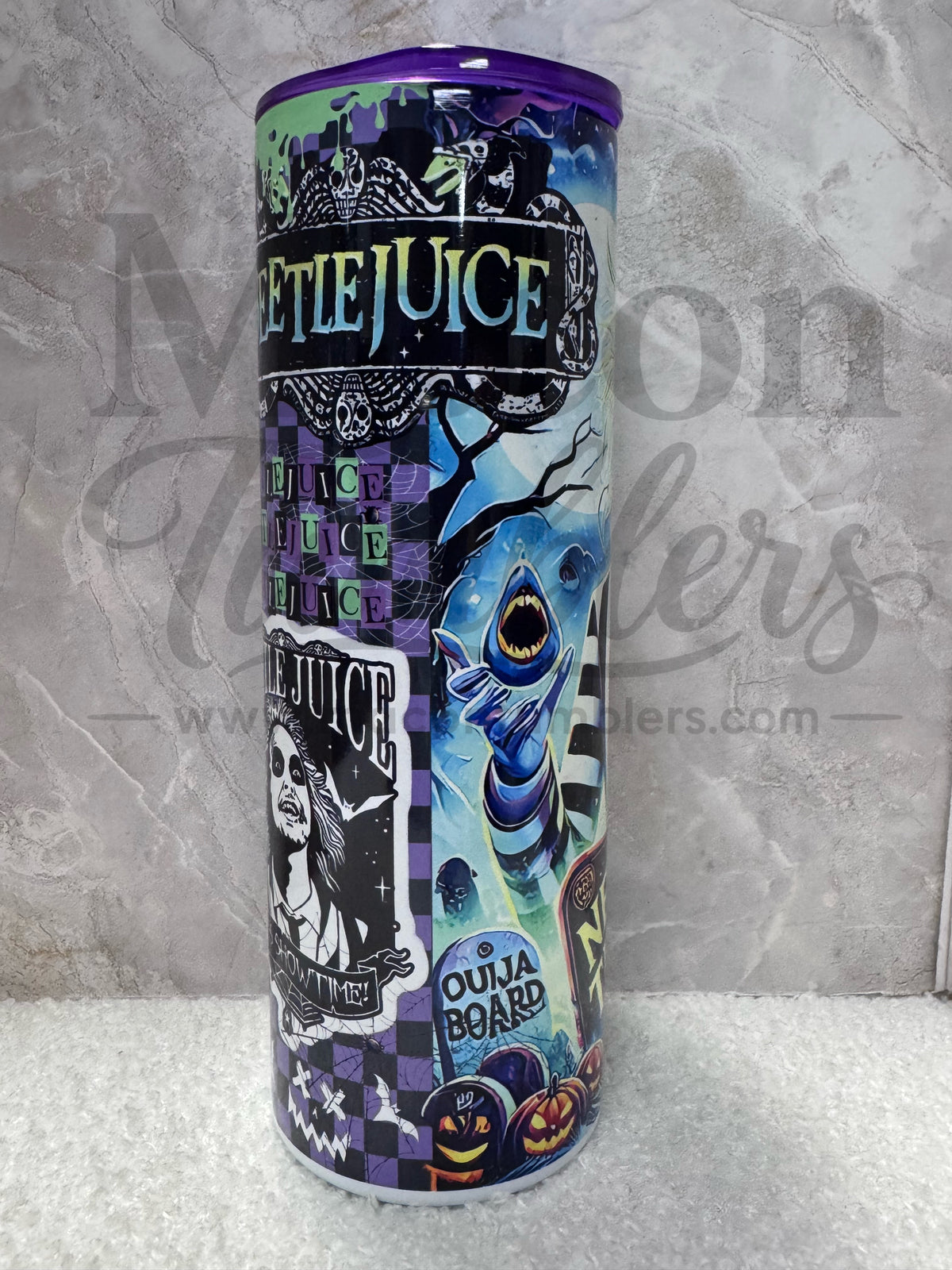 Beetlejuice 20 oz Stainless Steel Tumbler with Purple Lid