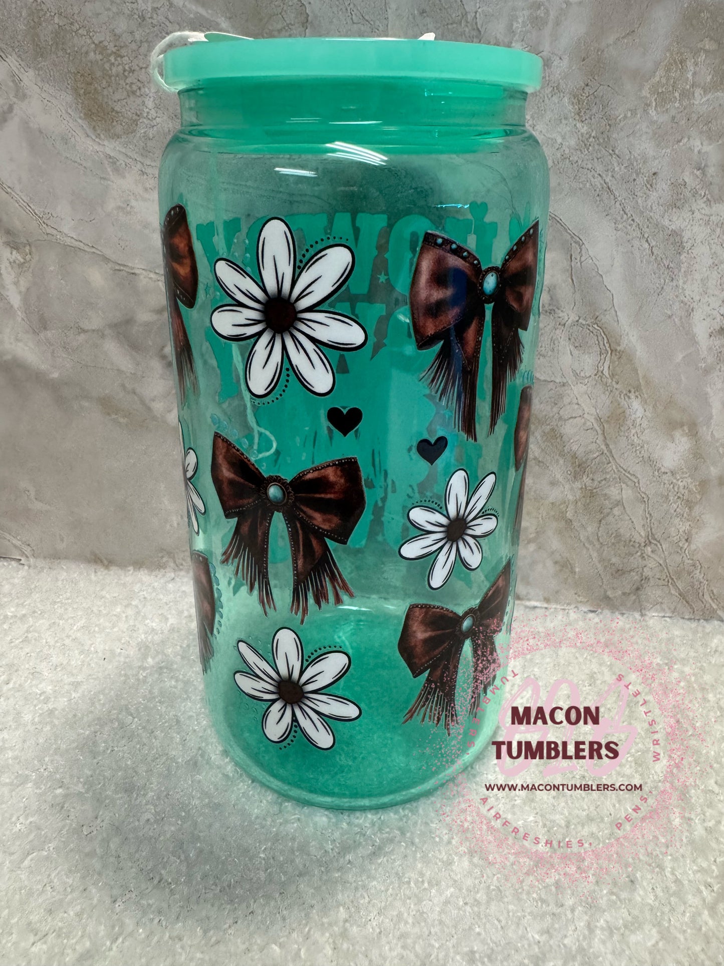 16oz Teal “Howdy” Libbey Glass Can – Western Cow Print Bow Tumbler