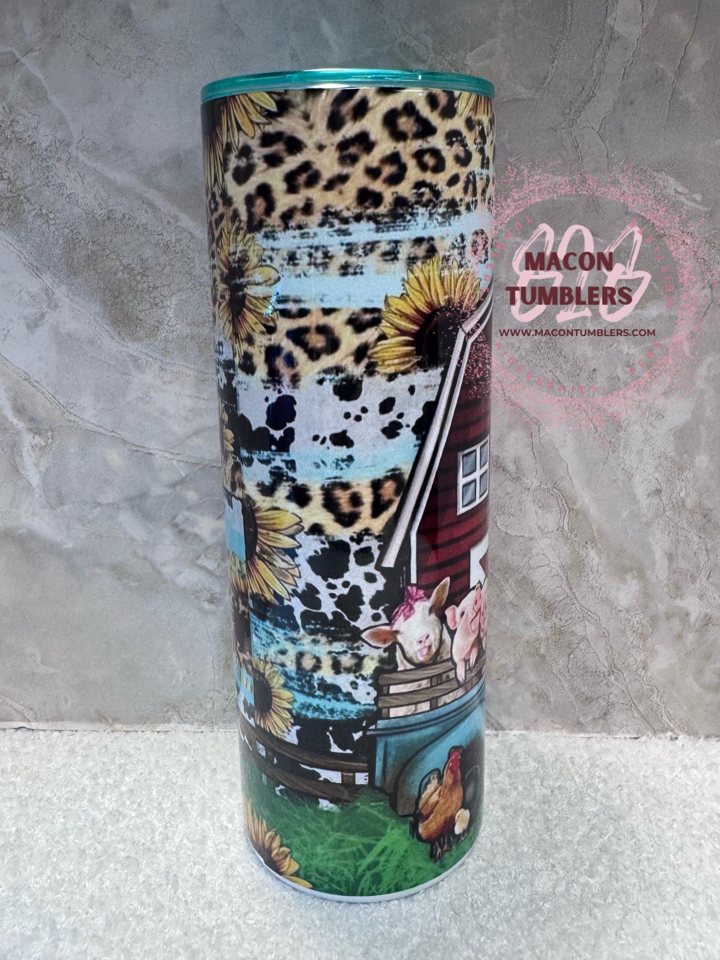 Farmhouse Red Barn & Vintage Blue Truck 20 oz Skinny Tumbler | Farm Animal Sublimated Tumbler