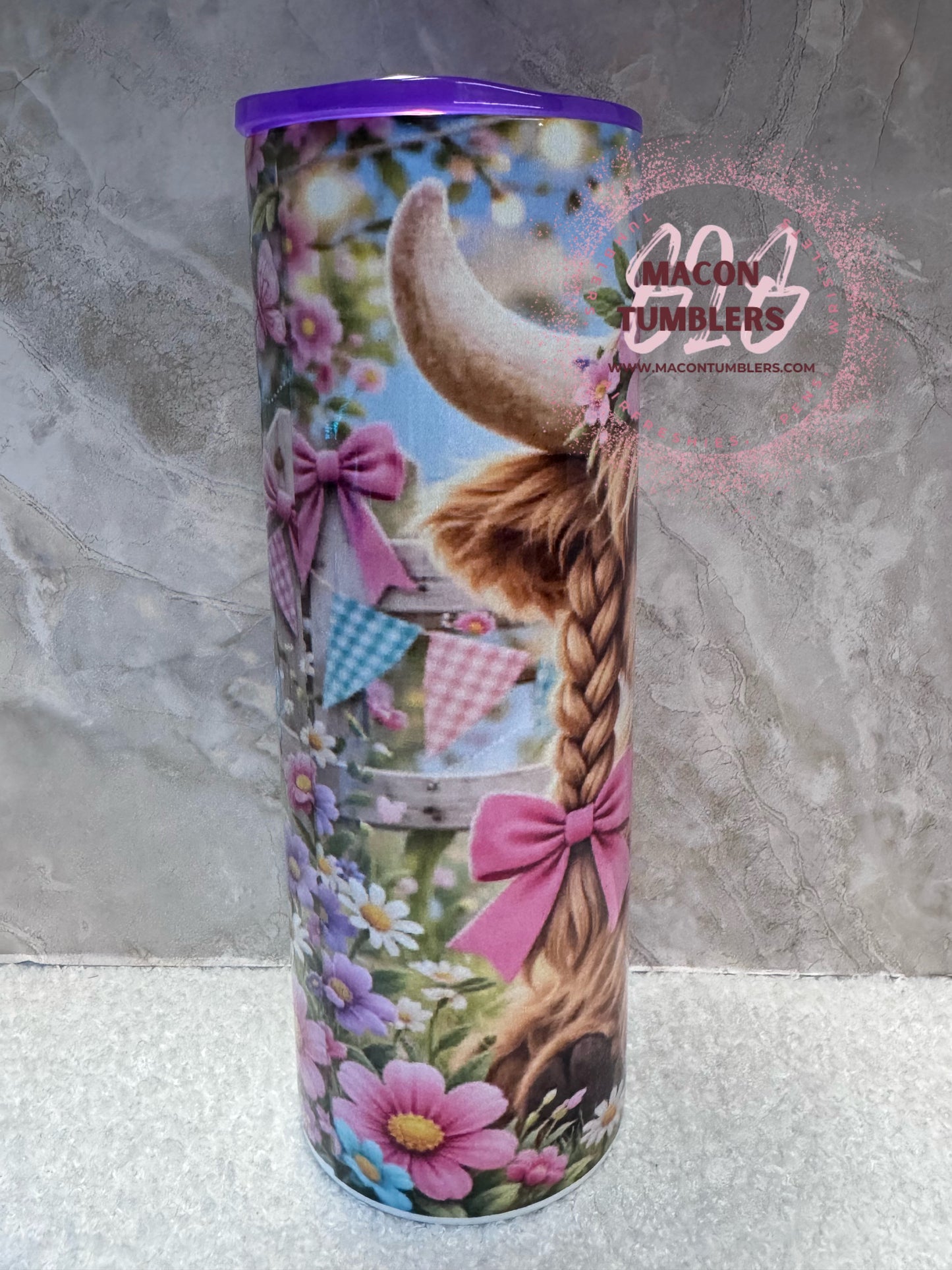 Highland Cow with Purple Floral Crown 20 oz Skinny Tumbler | Sublimated Tumbler