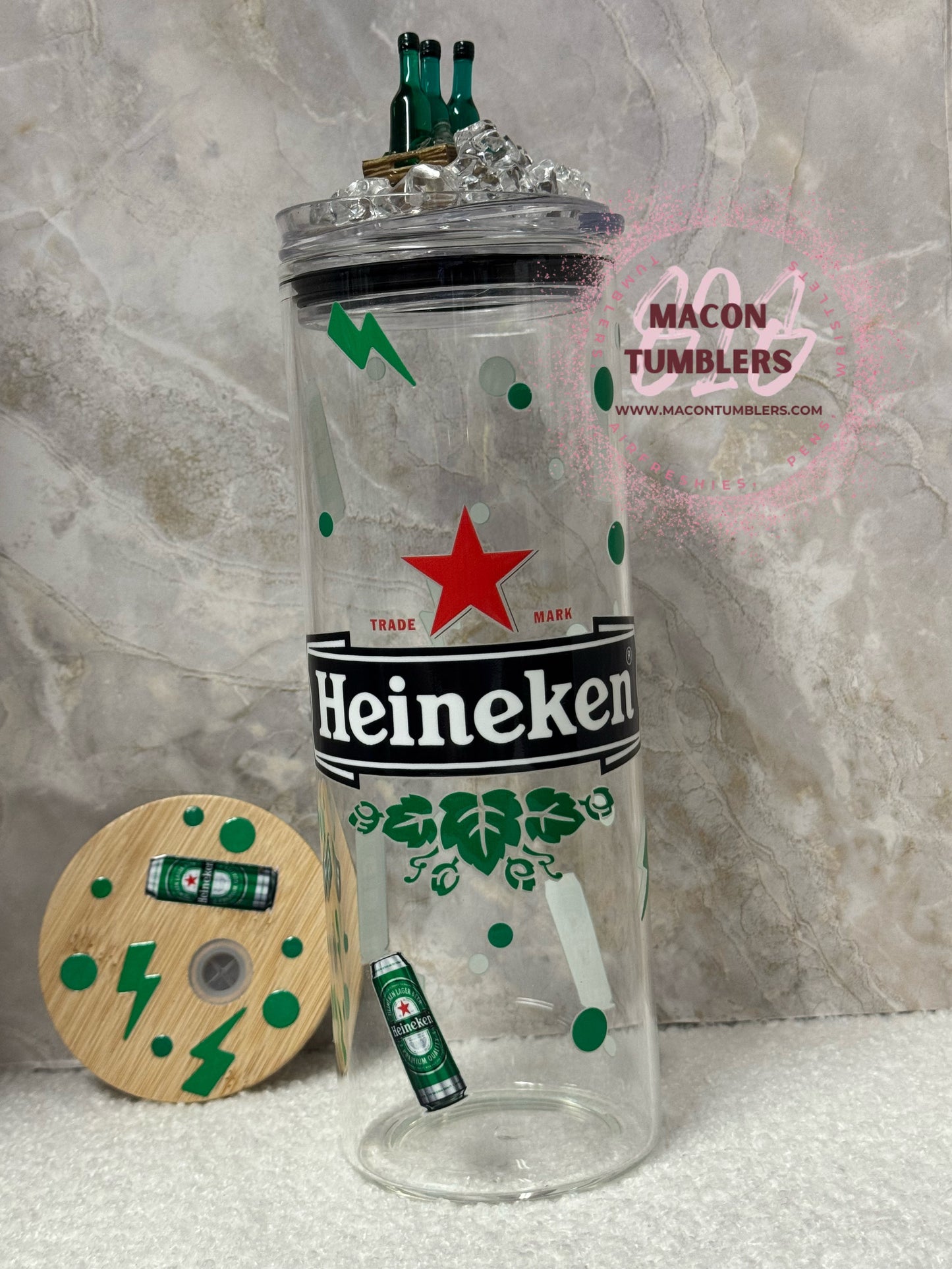 Heineken-Inspired 20oz Glass Tumbler with 3D Bottle Topper + Extra Bamboo Lid