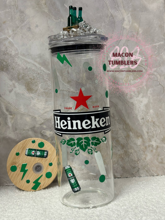 Heineken-Inspired 20oz Glass Tumbler with 3D Bottle Topper + Extra Bamboo Lid