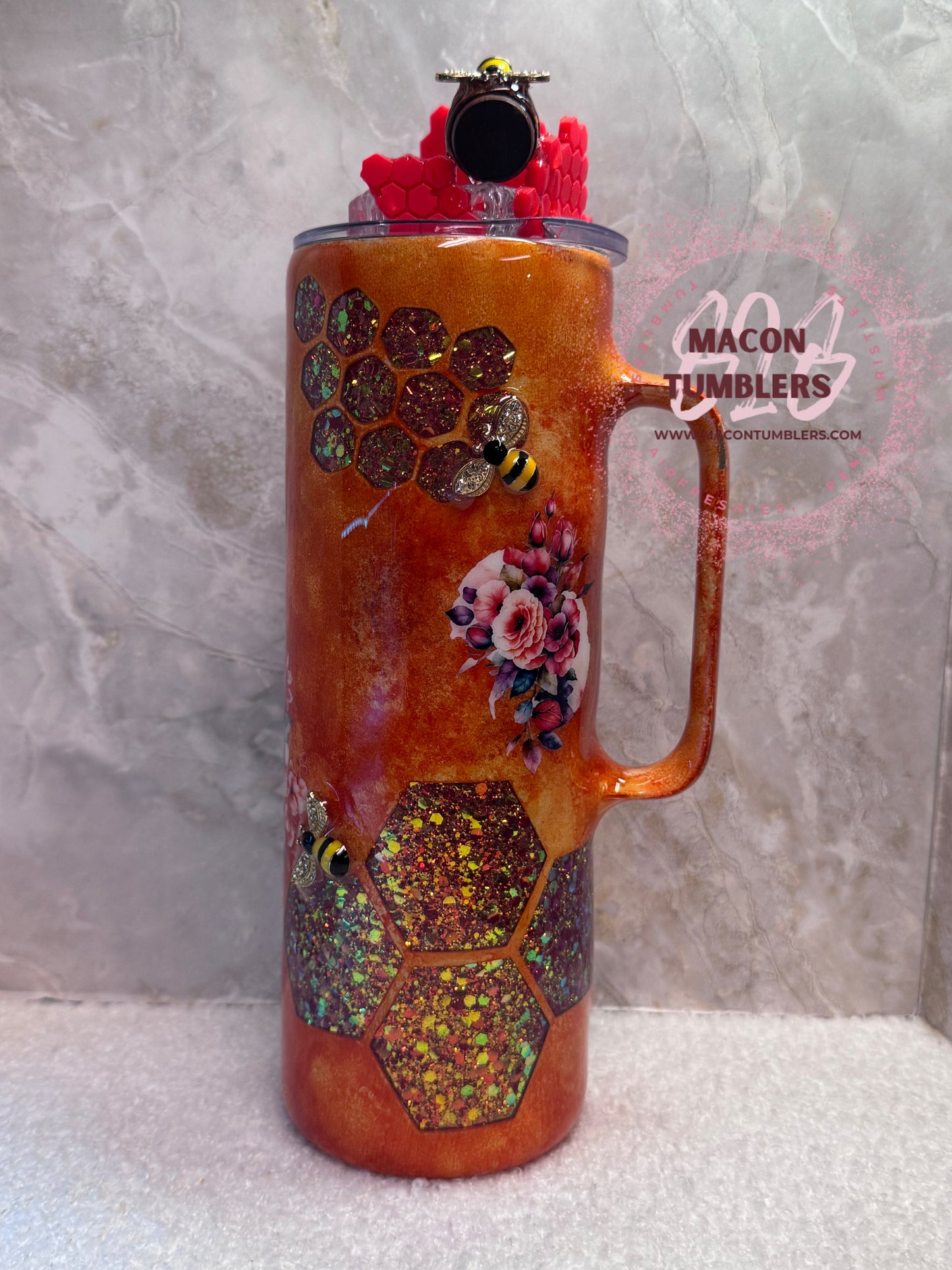🐝 Honey Bee Floral 20 oz Stainless Steel Tumbler with Straw & Honeycomb Design