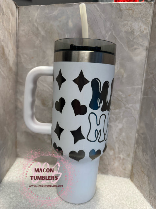 40 oz Engraved “Mama” Tumbler – Matte White with Black Hearts & Stars, Handle Cup
