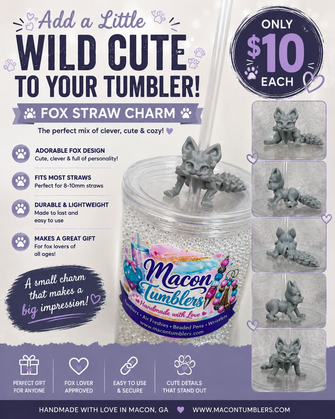 Fox Straw Charm – 3D Printed Tumbler Accessory
