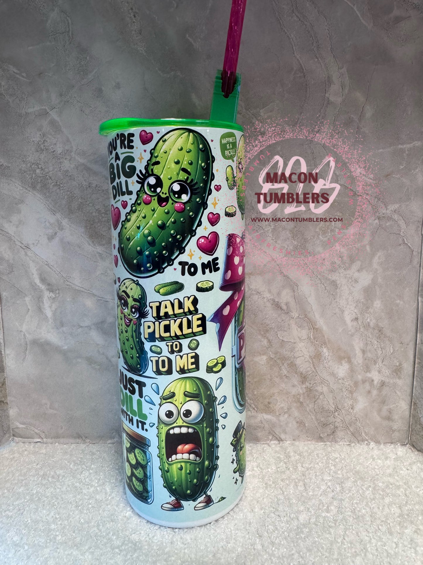 Just a Girl Who Loves Pickles 20 oz Skinny Stainless Steel Sublimation Tumbler with Pickle Straw Charm & Colored Lid