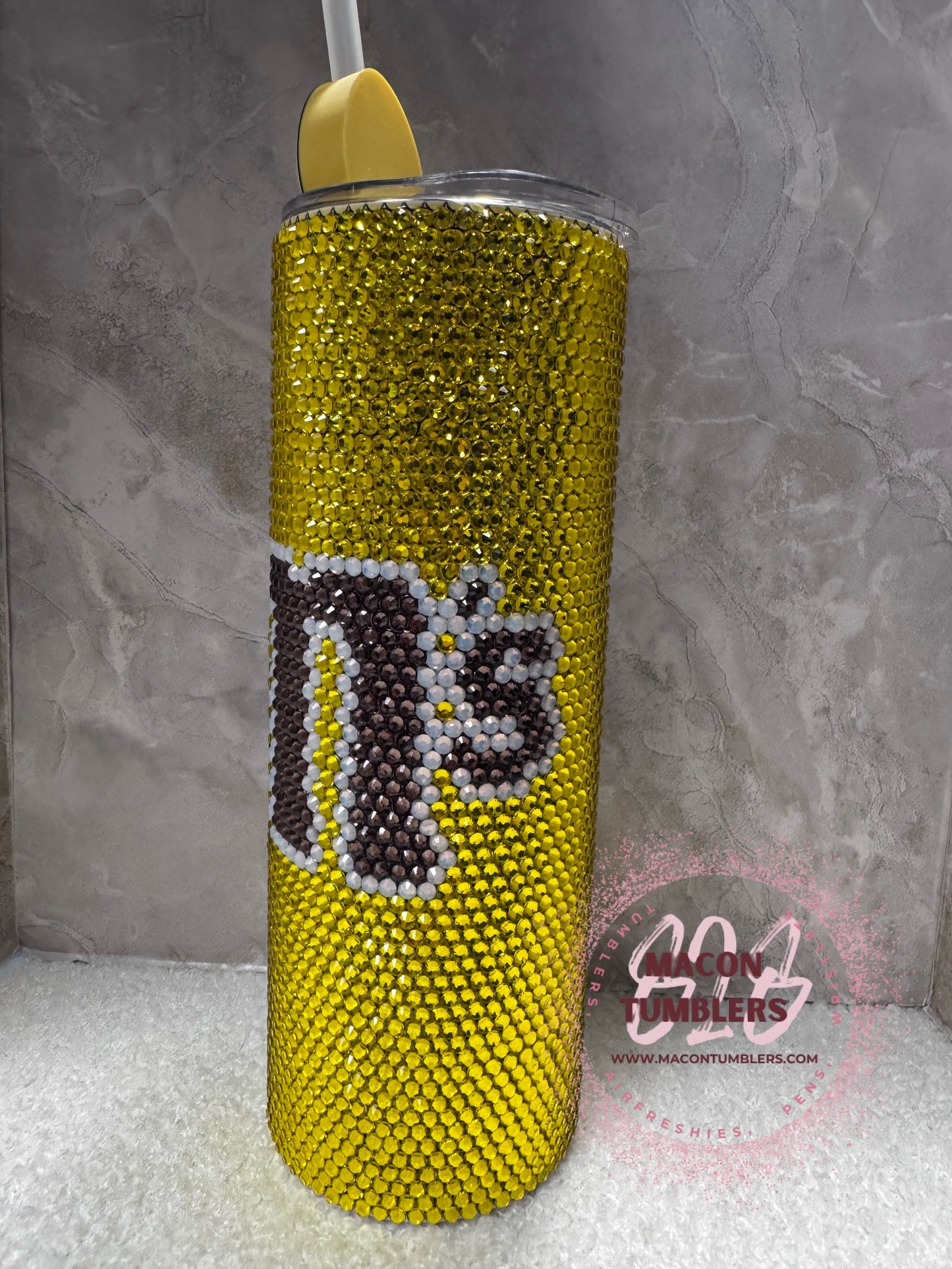 Yellow M&M Inspired Rhinestone 20 oz Skinny Tumbler with Matching Straw Charm