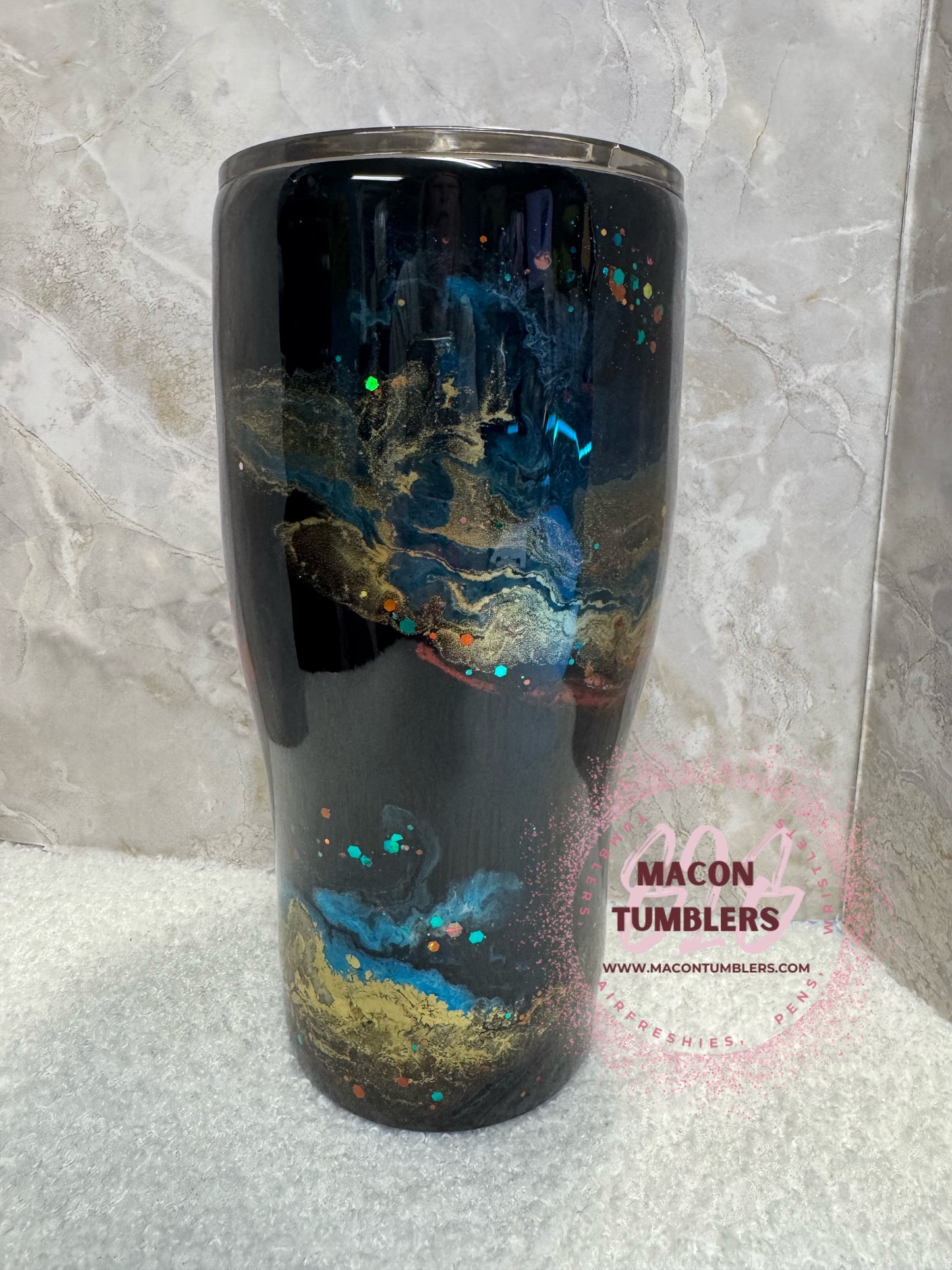 30oz Ink Art Curved Tumbler – Black, Gold & Teal Abstract Epoxy Cup