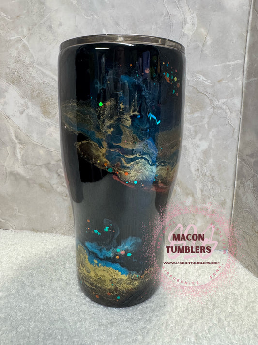 30oz Ink Art Curved Tumbler – Black, Gold & Teal Abstract Epoxy Cup