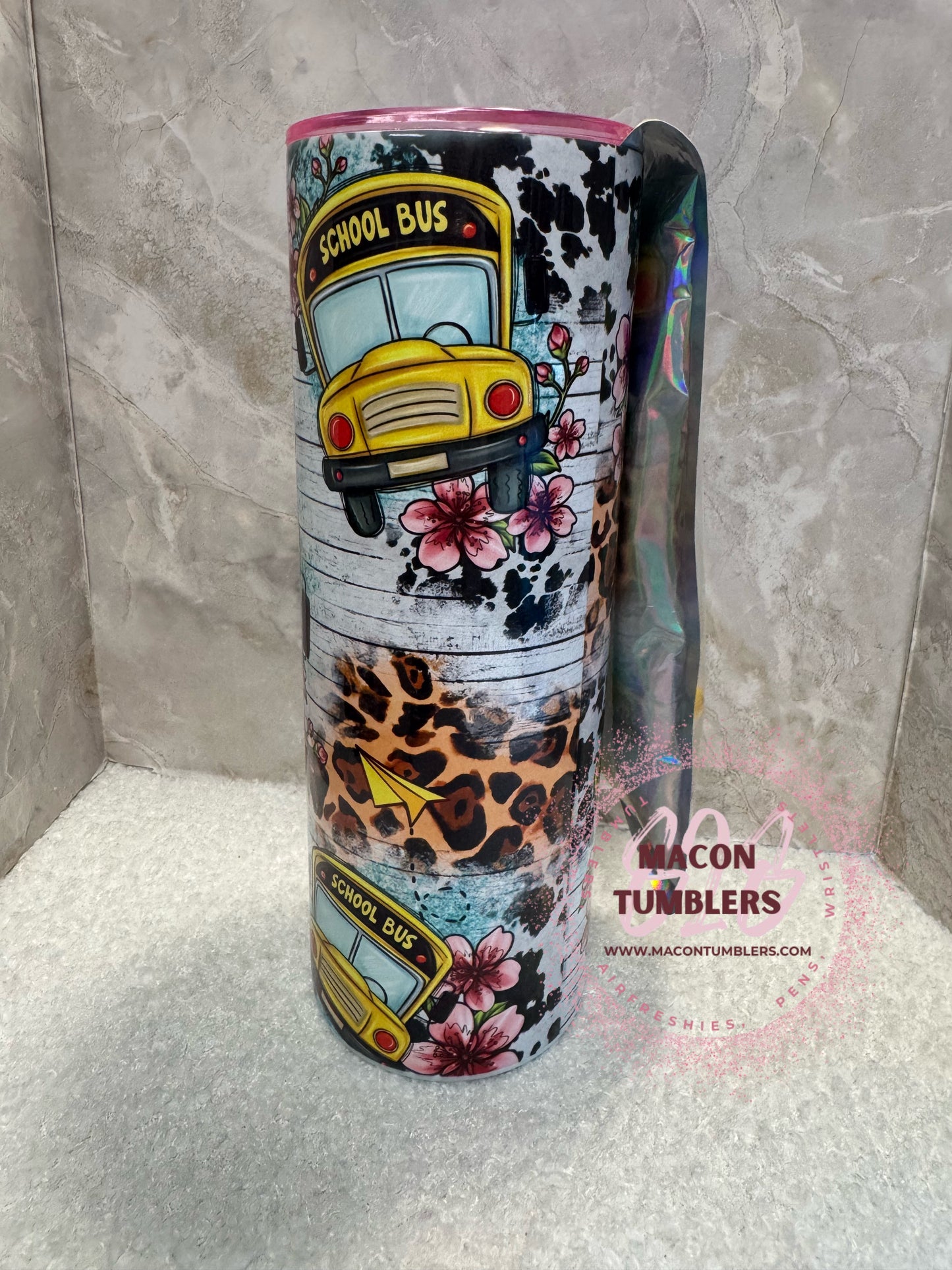 20oz School Bus Sublimation Tumbler Set with Beaded Pen & Beaded Straw Charm – Teacher Gift