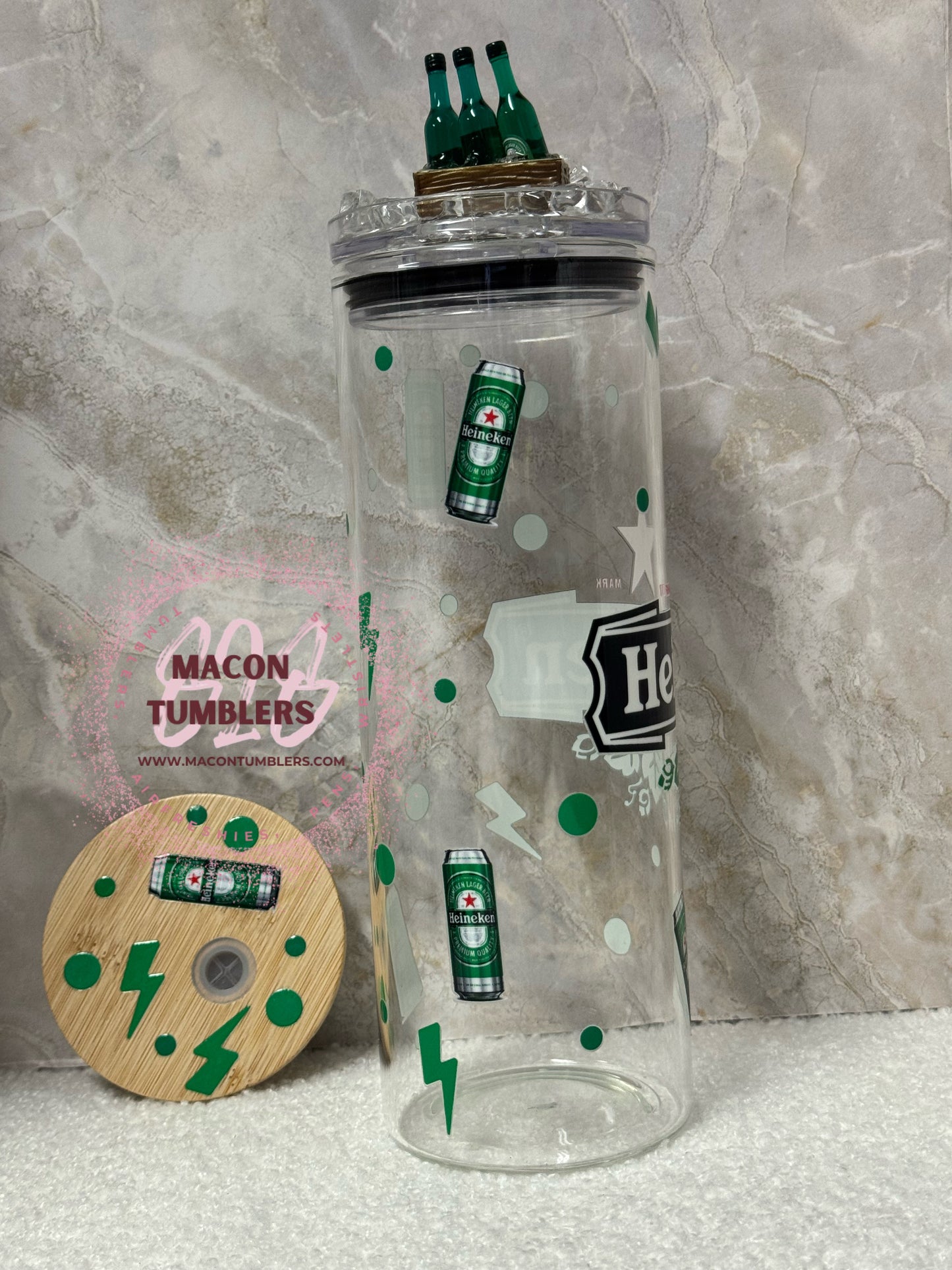 Heineken-Inspired 20oz Glass Tumbler with 3D Bottle Topper + Extra Bamboo Lid
