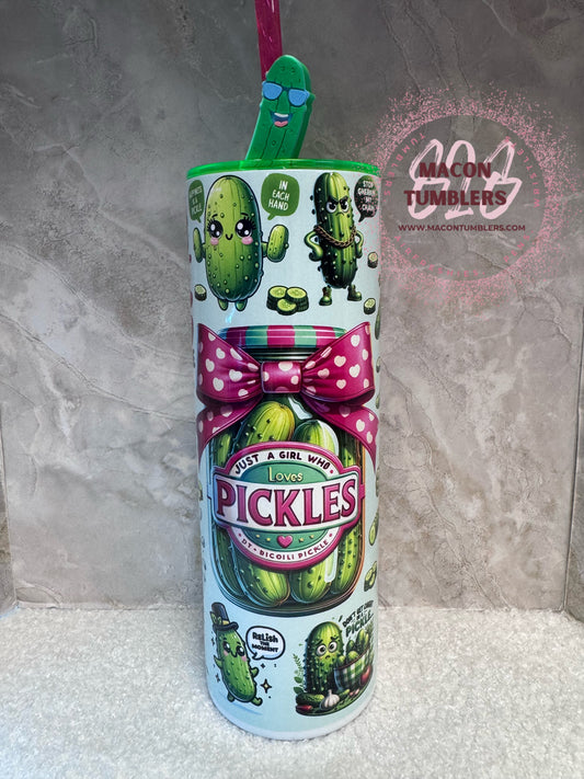 Just a Girl Who Loves Pickles 20 oz Skinny Stainless Steel Sublimation Tumbler with Pickle Straw Charm & Colored Lid