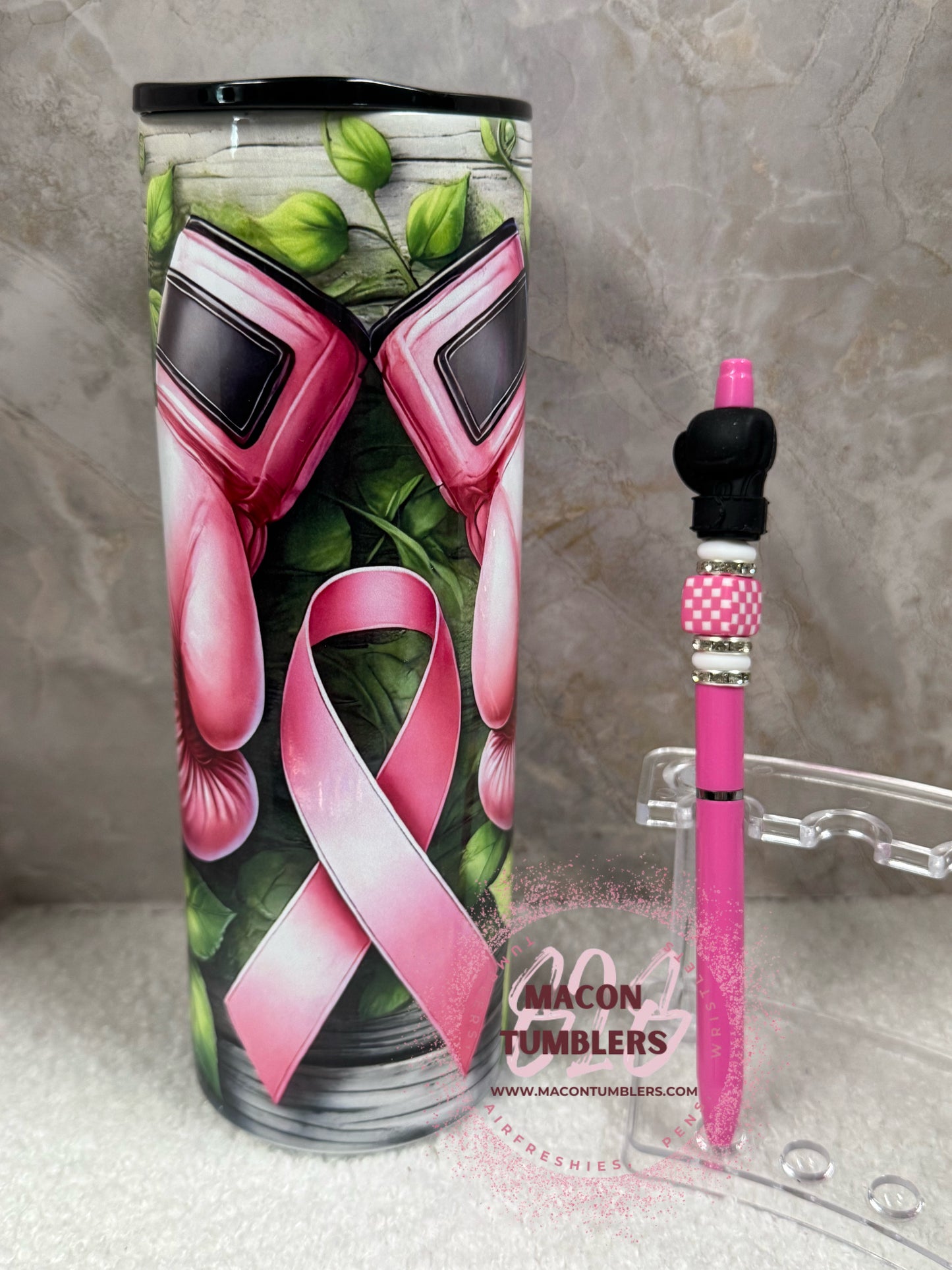 20oz Boxing Glove Floral Sublimation Tumbler with Matching Beaded Pen – Pink Fighter Set