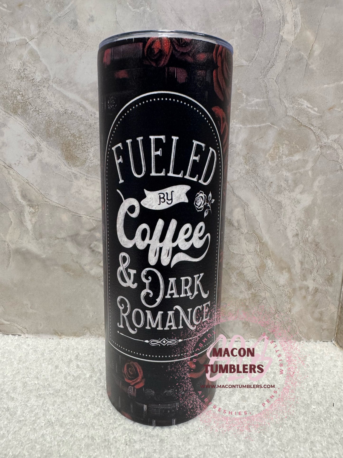 Fueled by Coffee & Dark Romance” 20 oz Stainless Steel Skinny Tumbler