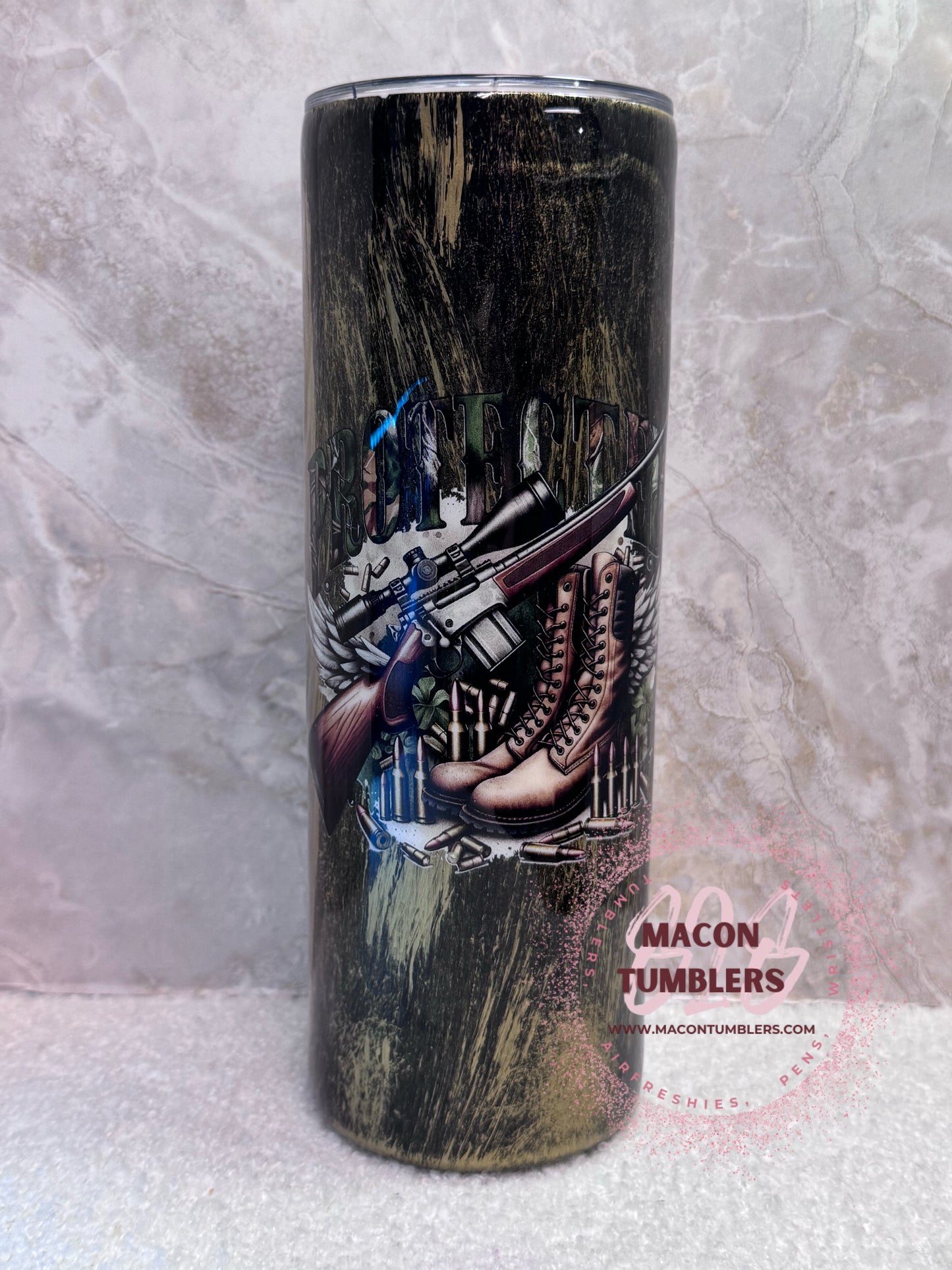 🪖 20 oz Distressed Military Coffee Tumbler – Boots, Rifle & Freedom Design