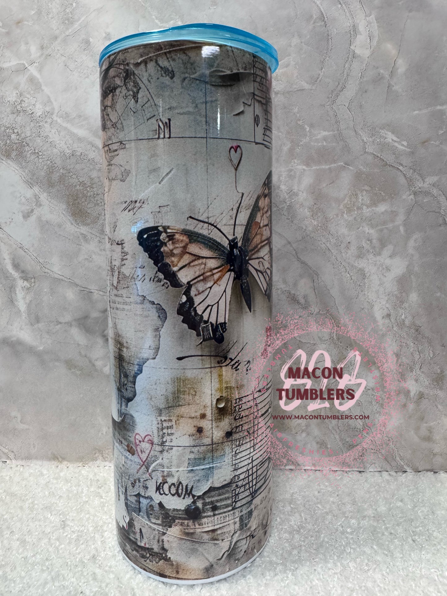 Vintage Butterfly & Pocket Watch Tumbler – 20 oz Skinny Stainless Steel Tumbler