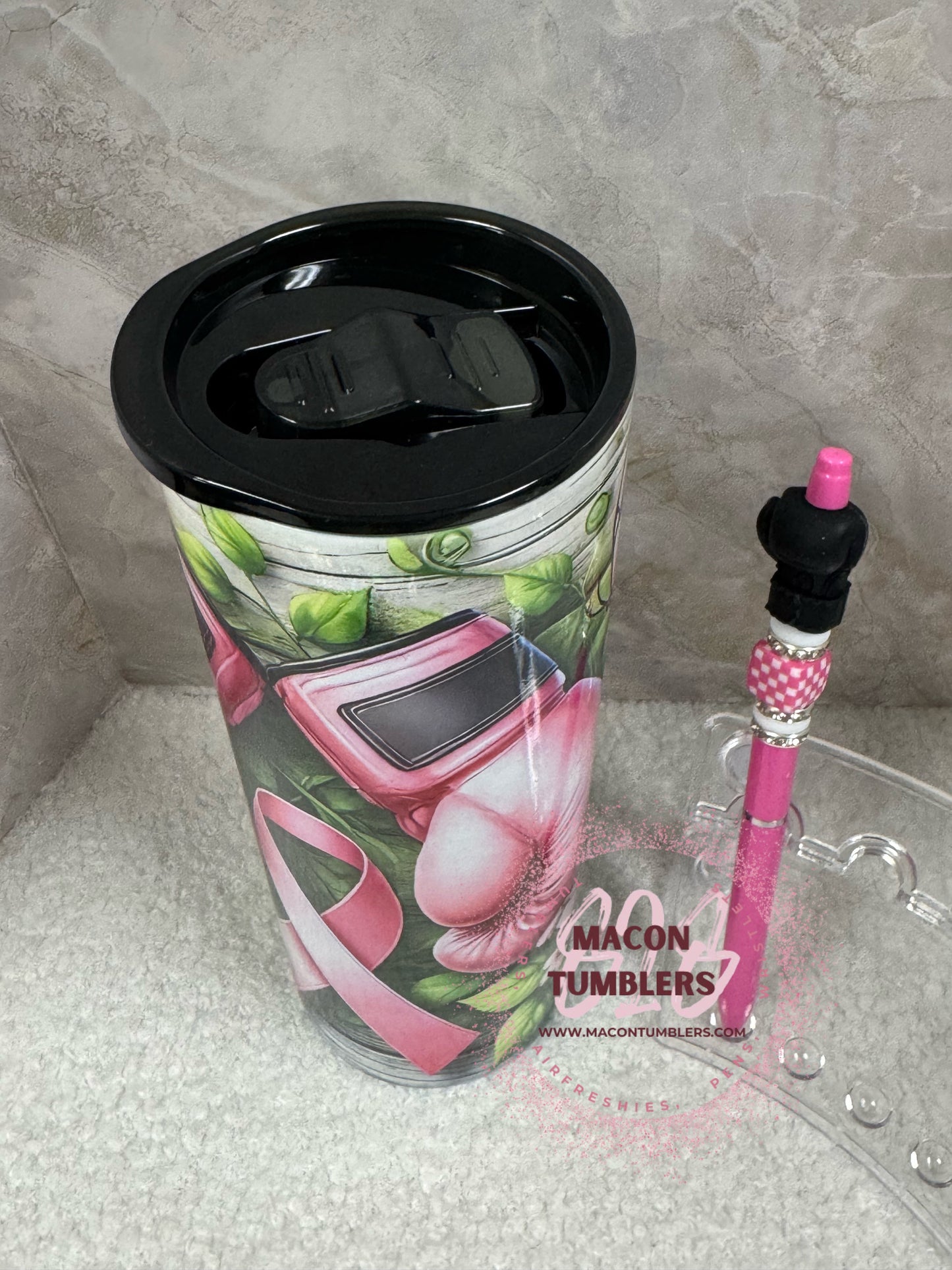 20oz Boxing Glove Floral Sublimation Tumbler with Matching Beaded Pen – Pink Fighter Set