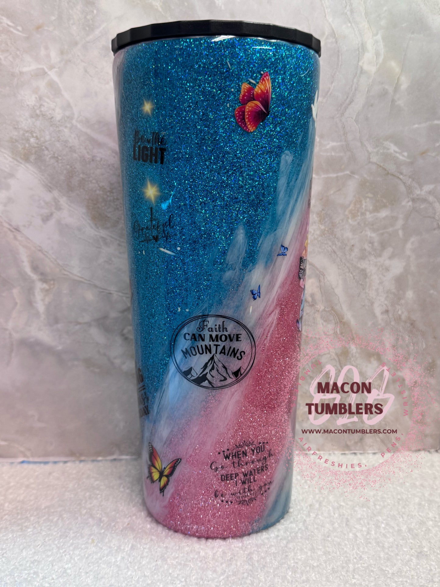 20 oz Faith Inspired Glitter Tumbler – Pink & Blue Christian Stainless Steel Tumbler