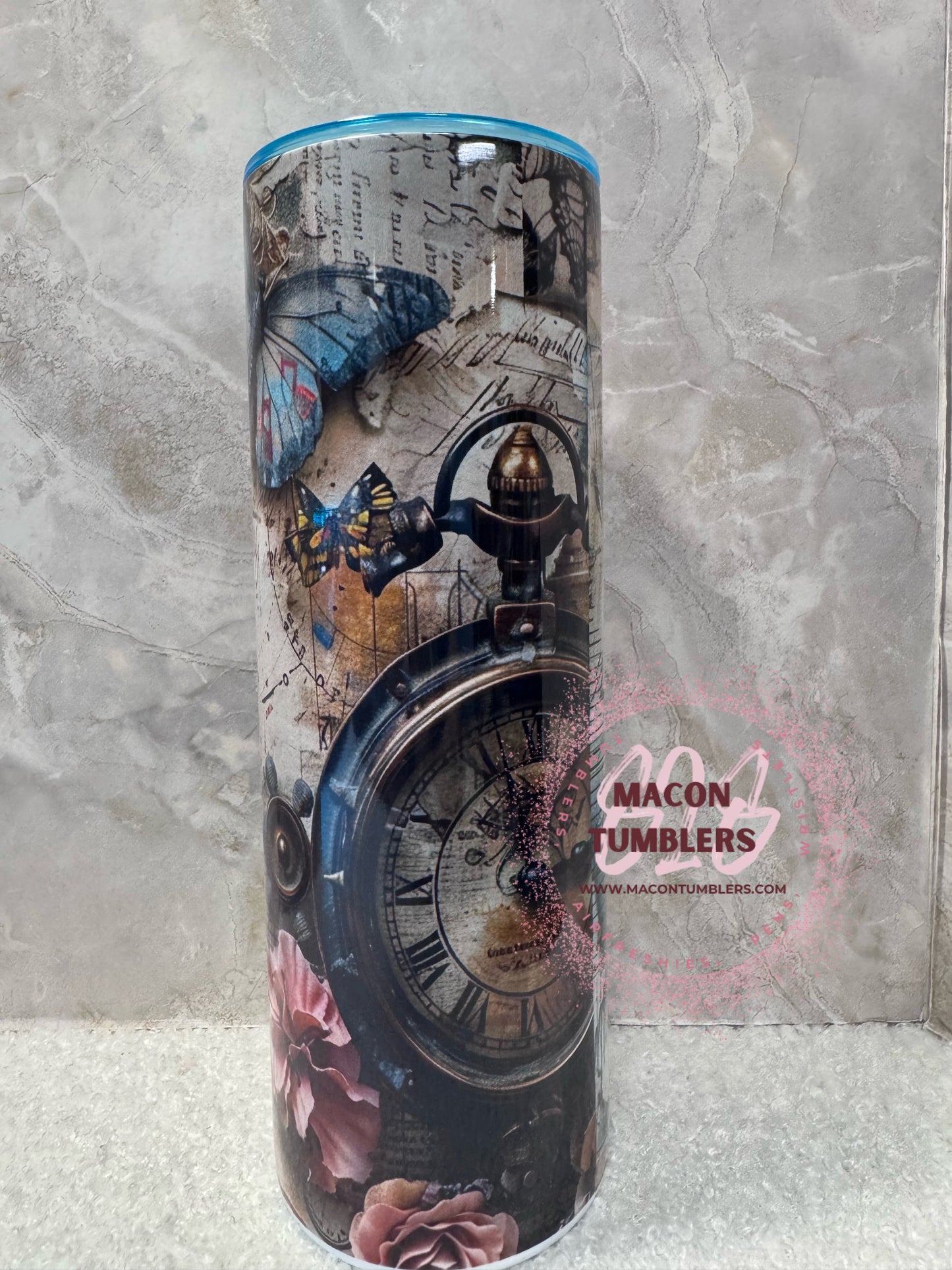 Vintage Butterfly & Pocket Watch Tumbler – 20 oz Skinny Stainless Steel Tumbler