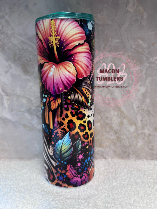 Tropical Hibiscus & Leopard Print 20 oz Skinny Stainless Steel Sublimation Tumbler