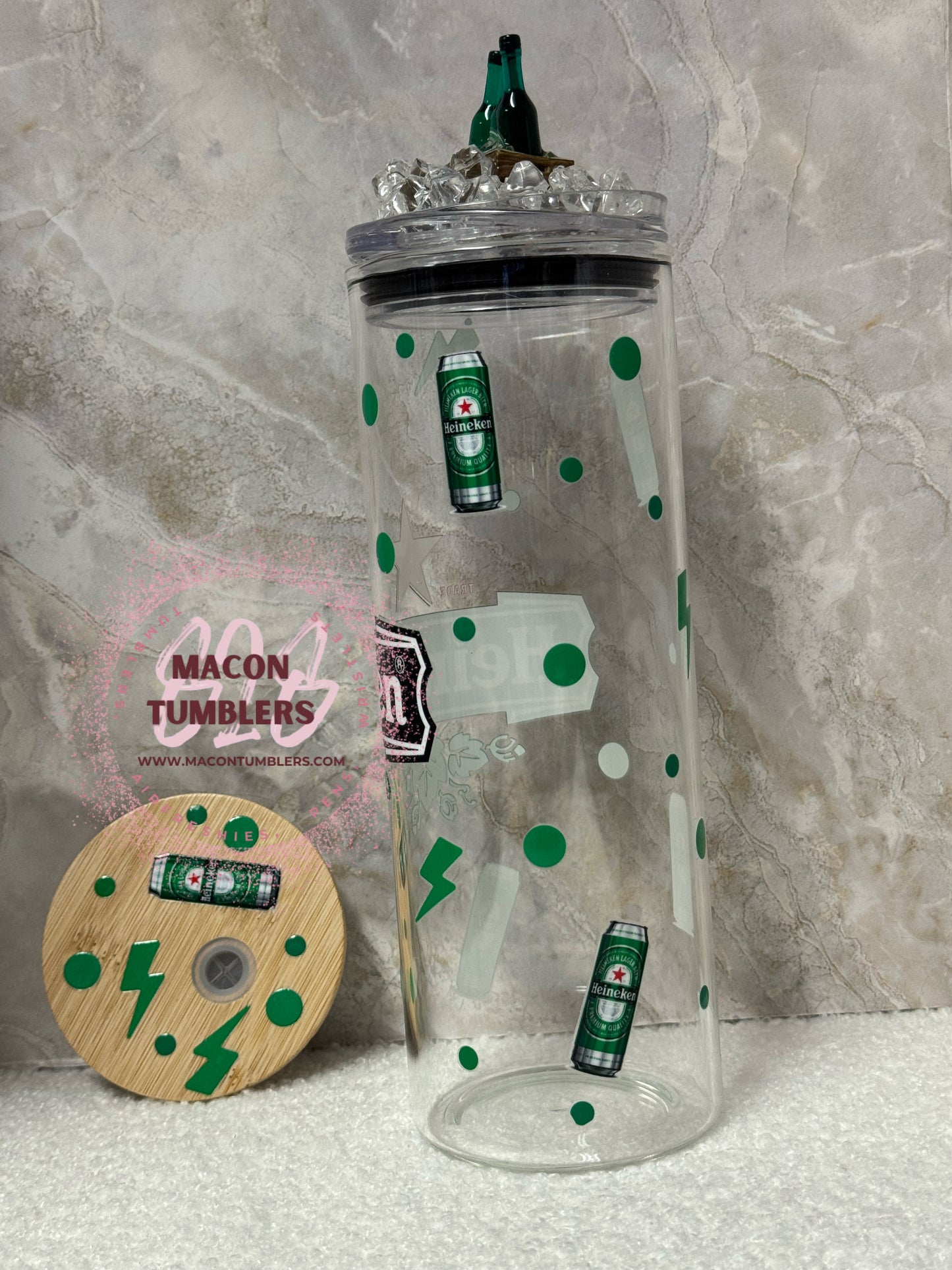 Heineken-Inspired 20oz Glass Tumbler with 3D Bottle Topper + Extra Bamboo Lid