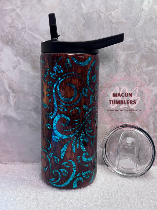 20 oz Woodgrain Floral Swirl Tumbler – Teal Glitter Western Inspired Design