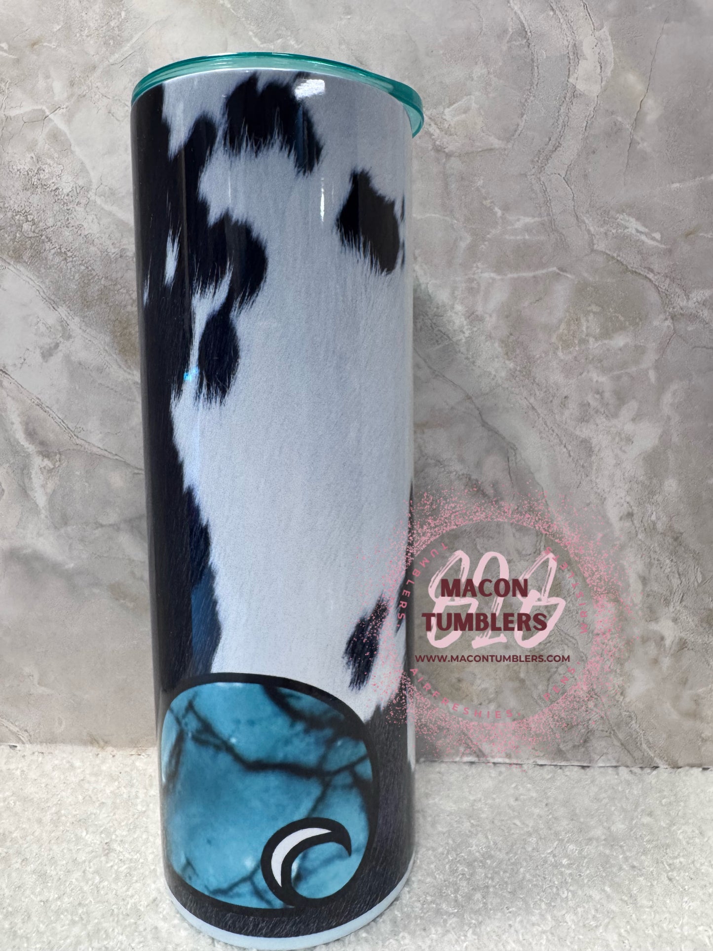 Custom Cow Print & Turquoise Marble Name 20 oz Stainless Steel Tumbler