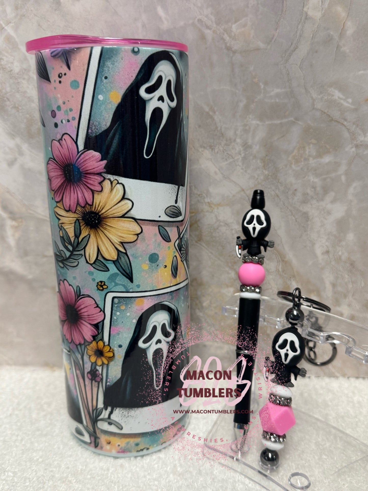 20oz Ghost Face Floral Sublimation Tumbler Set with Beaded Pen & Keychain – Spooky Cute Cup