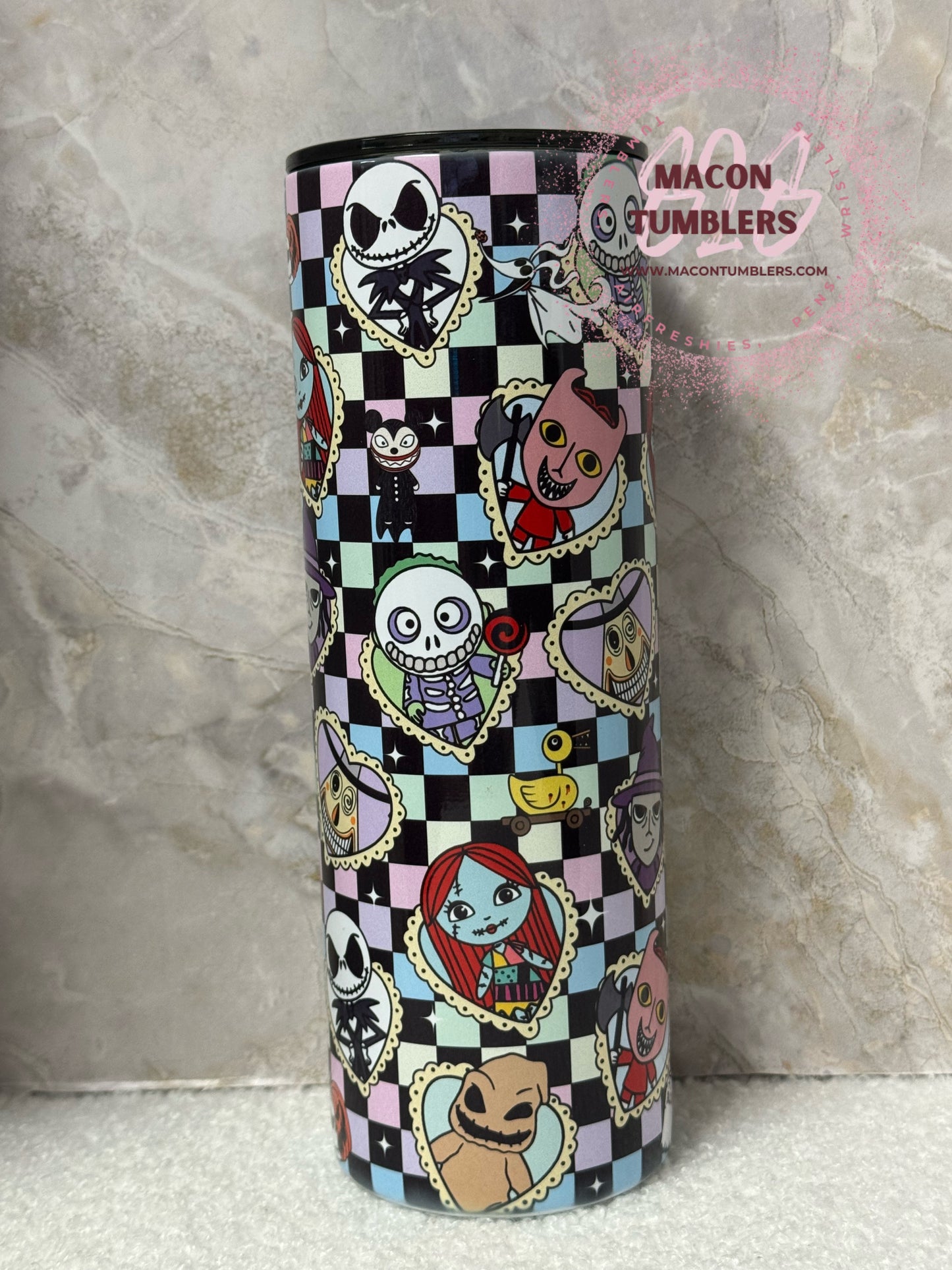 Spooky Cutie 20oz Tumbler – Pastel Goth Character Checkered Design