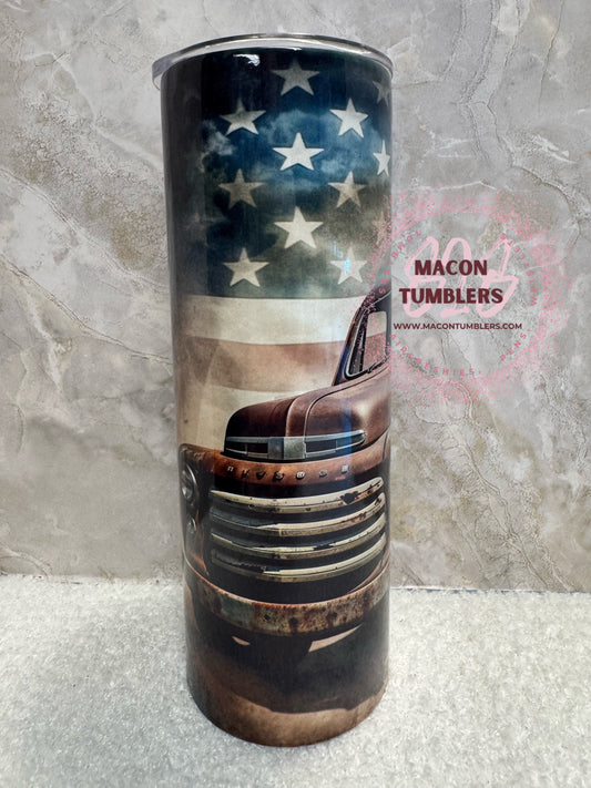 Vintage Truck American Flag 20 oz Sublimation Tumbler | Rustic Patriotic Cup