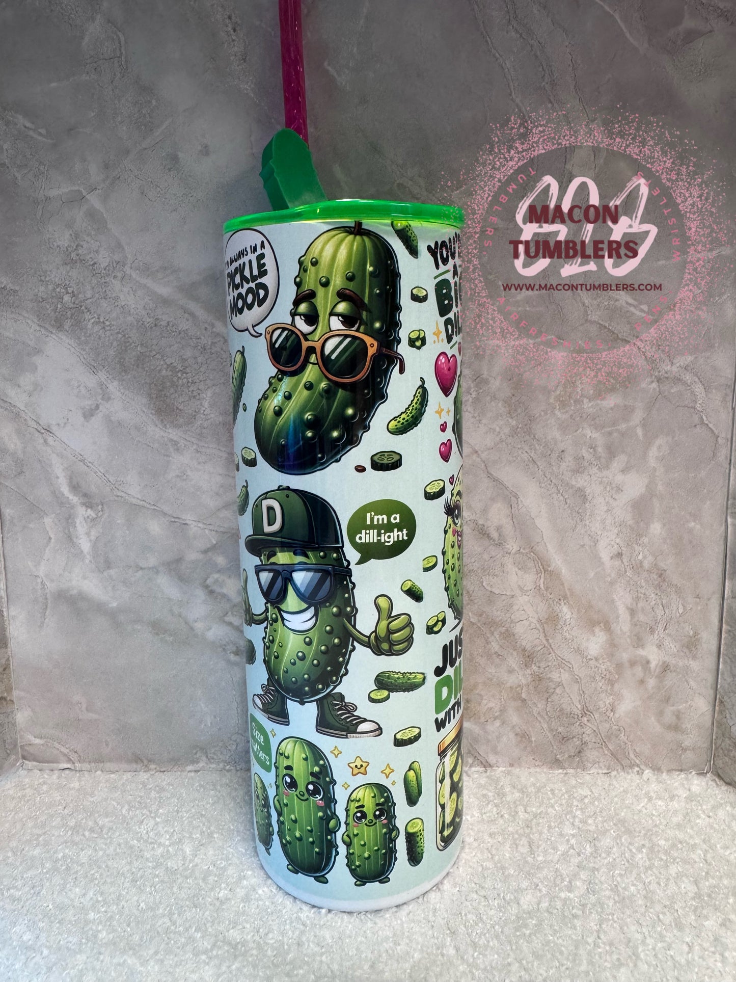 Just a Girl Who Loves Pickles 20 oz Skinny Stainless Steel Sublimation Tumbler with Pickle Straw Charm & Colored Lid