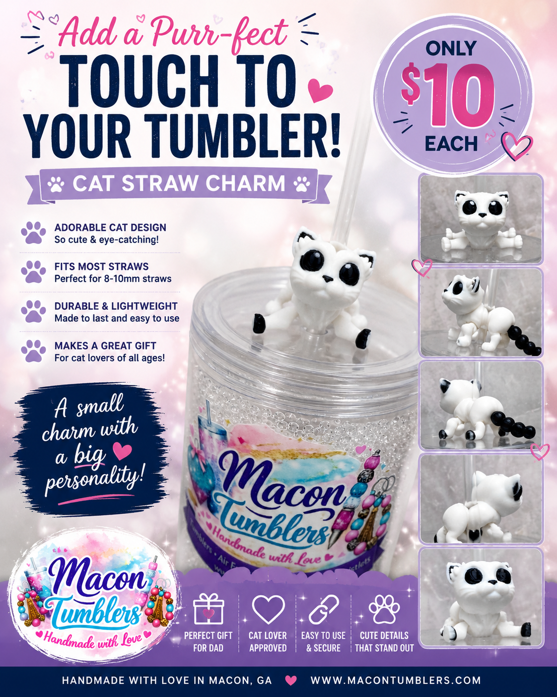 Cat Straw Charm – Cute 3D Printed Tumbler Accessory
