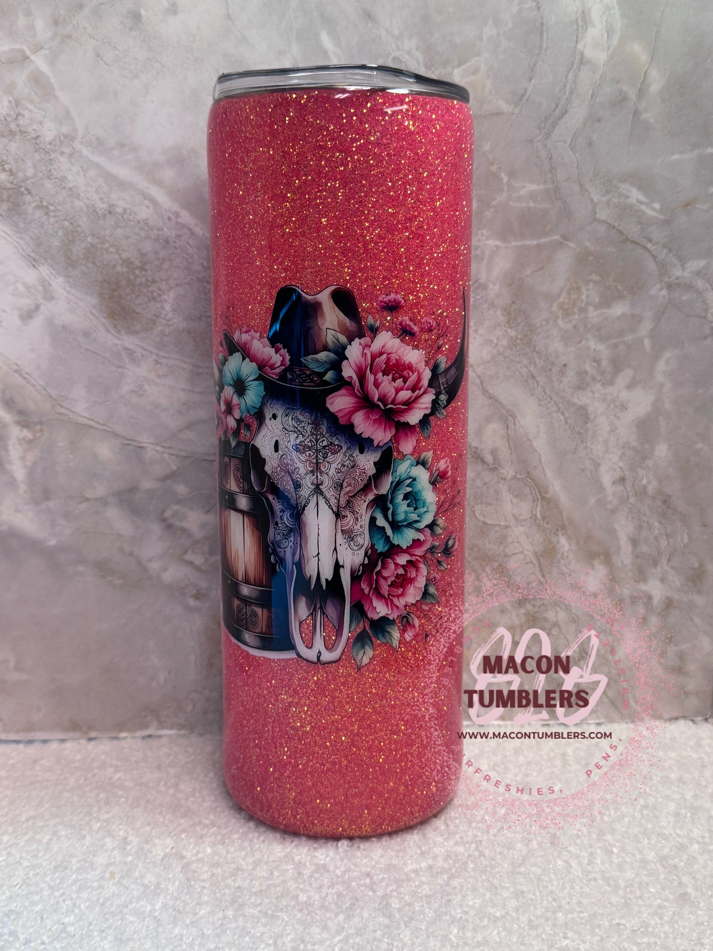 20 oz Inspirational Bull Skull Glitter Tumbler – Western Floral Affirmation Design