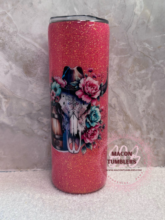 20 oz Inspirational Bull Skull Glitter Tumbler – Western Floral Affirmation Design