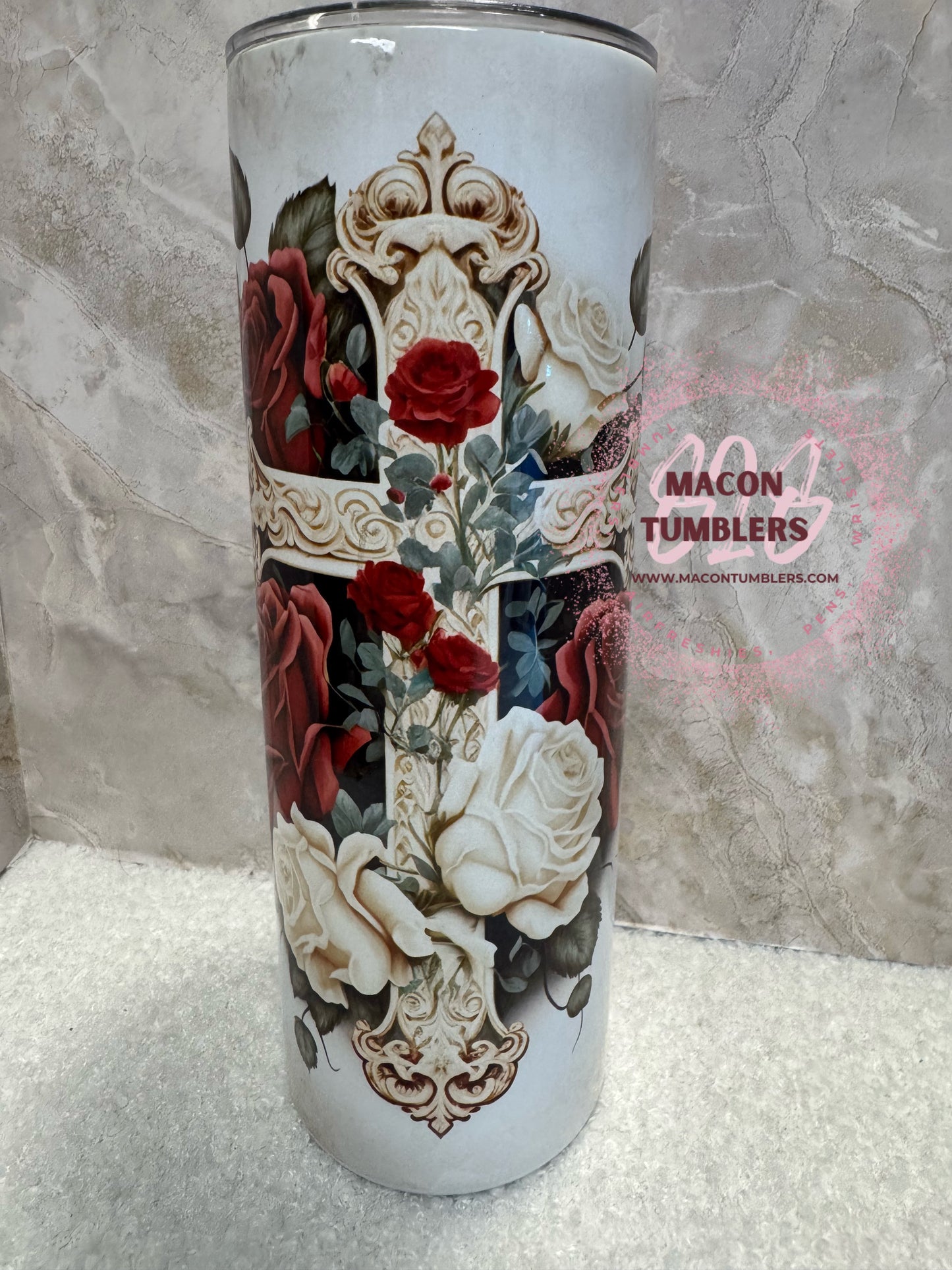 Ornate Floral Cross Tumbler – 20oz Skinny Sublimation Tumbler