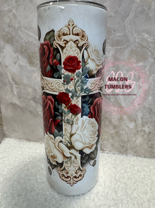 Ornate Floral Cross Tumbler – 20oz Skinny Sublimation Tumbler