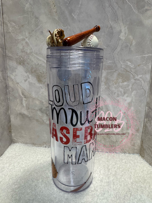 18oz Loud Mouth Baseball Momma Plastic Cup – Tumbler with Bat, Glove & Baseball Topper