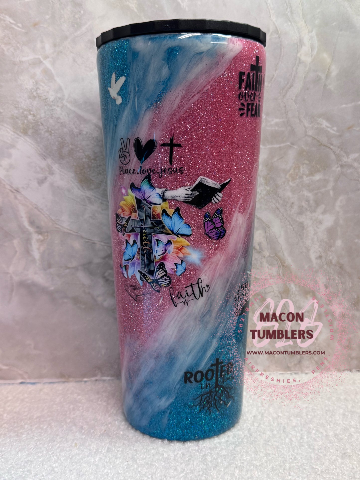 20 oz Faith Inspired Glitter Tumbler – Pink & Blue Christian Stainless Steel Tumbler