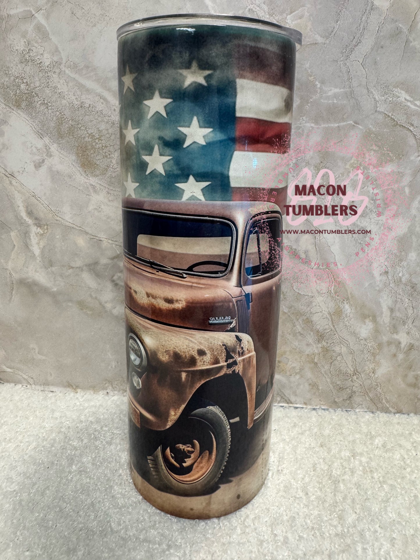 Vintage Truck American Flag 20 oz Sublimation Tumbler | Rustic Patriotic Cup