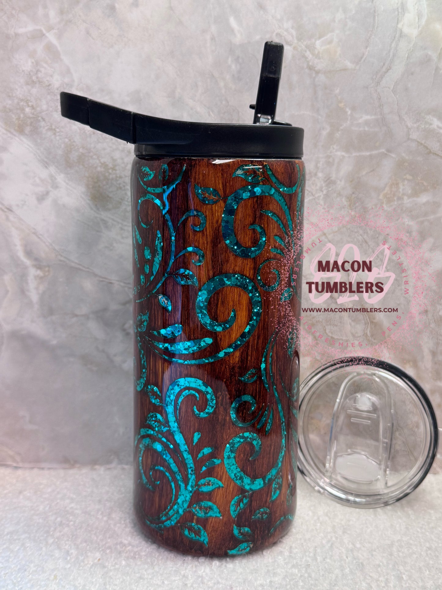 15oz Duo Woodgrain Floral Swirl Tumbler – Teal Glitter Western Inspired Design