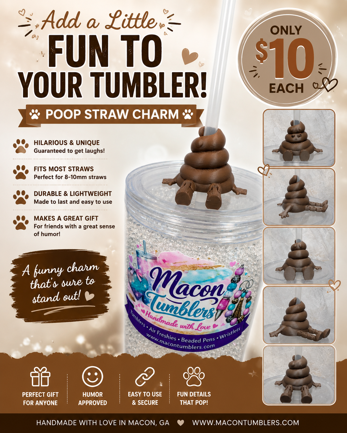 Poop Straw Charm – Funny 3D Printed Tumbler Accessory