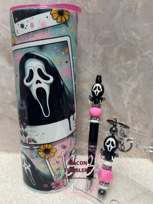 20oz Ghost Face Floral Sublimation Tumbler Set with Beaded Pen & Keychain – Spooky Cute Cup