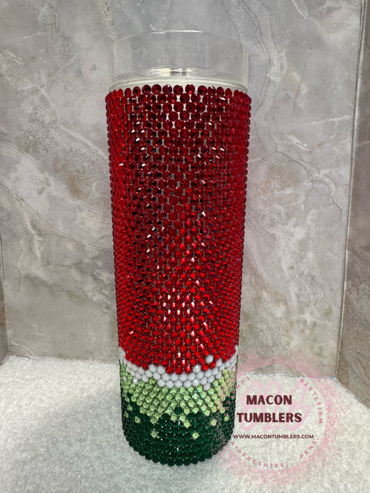 22oz Straight Rhinestone Plastic Tumbler – Watermelon Inspired Bling Cup with Lid