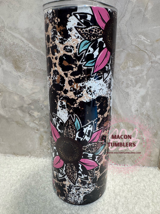 Pink Sunflower Leopard Print Tumbler – 20oz Skinny Sublimation Tumbler