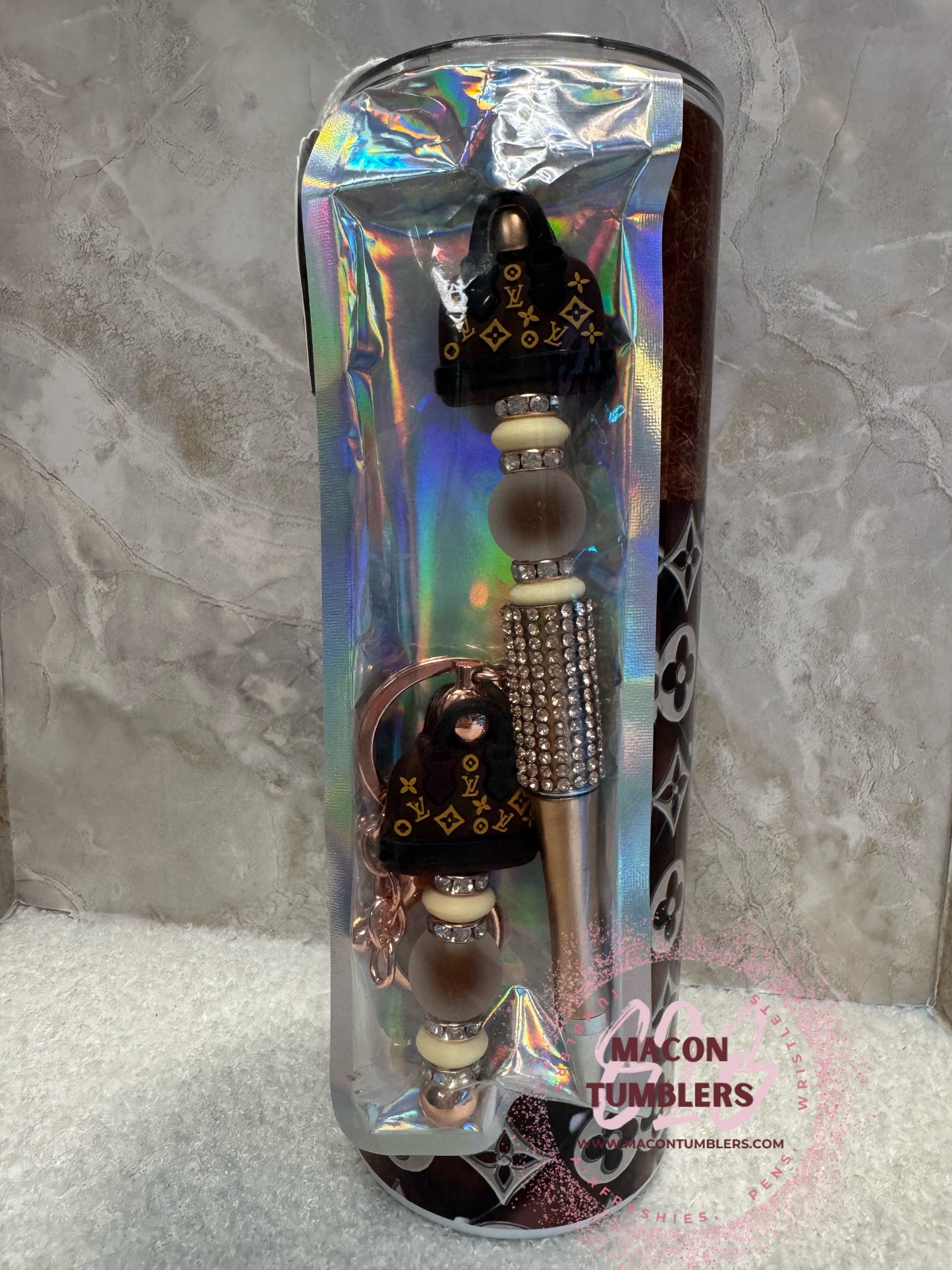 Designer-Inspired Brown Sublimation Tumbler Set – 20oz Cup with Beaded Pen & Matching Keychain