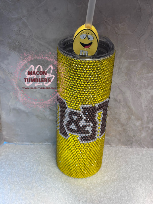 Yellow M&M Inspired Rhinestone 20 oz Skinny Tumbler with Matching Straw Charm
