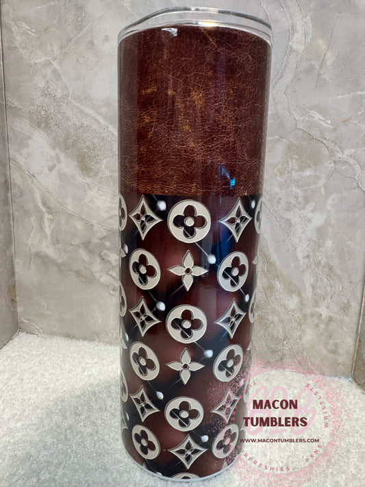 Designer-Inspired Brown Sublimation Tumbler Set – 20oz Cup with Beaded Pen & Matching Keychain